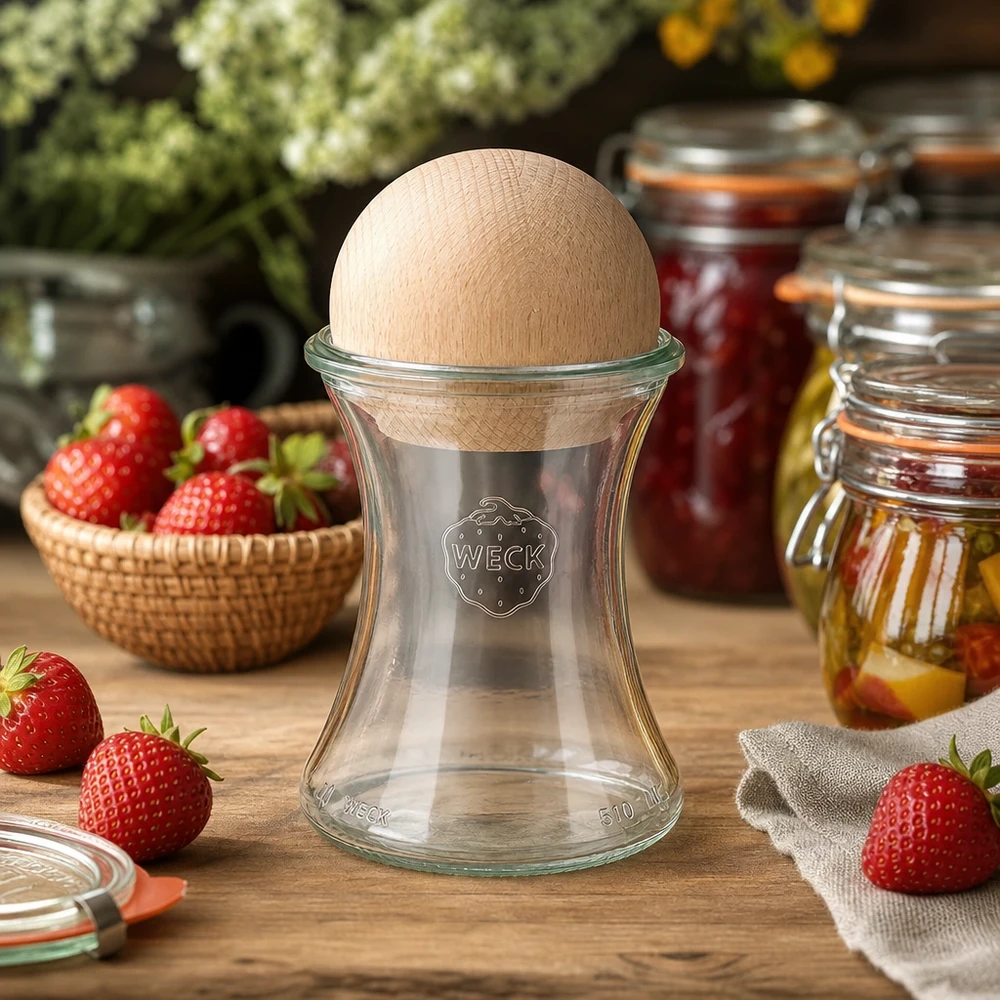 370ml sklenice na lahůdky WECK RR80 s dřevěnou kuličkou buk WECK Glas 370ml RR80 Holzkugel Buche Küchenambiente Erdbeeren Marmeladengläser Vorratsbehälter Einkochen