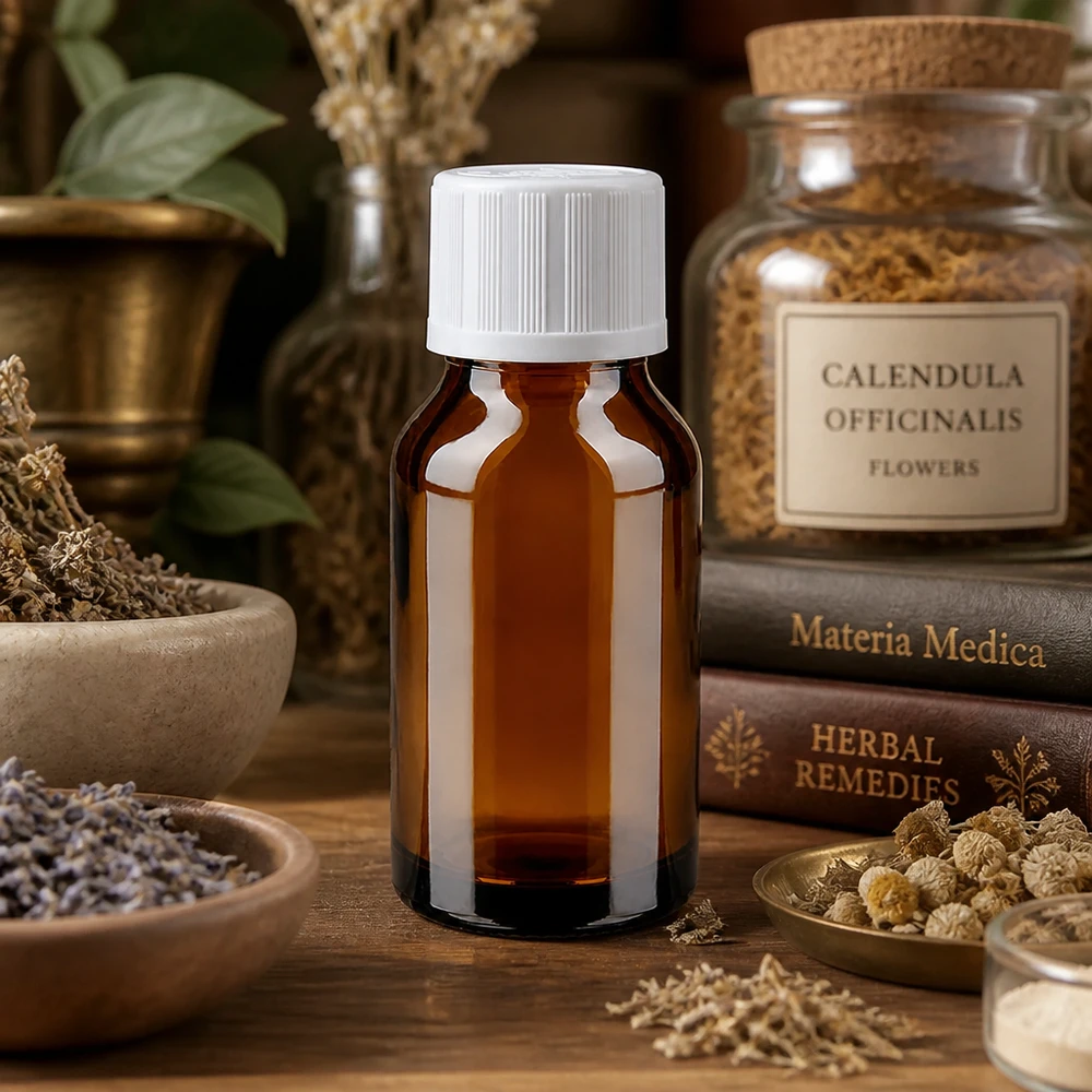 Heilkräuter Aufbewahrungsflasche Braunglas 15ml weißer Verschluss neben Materia Medica Büchern