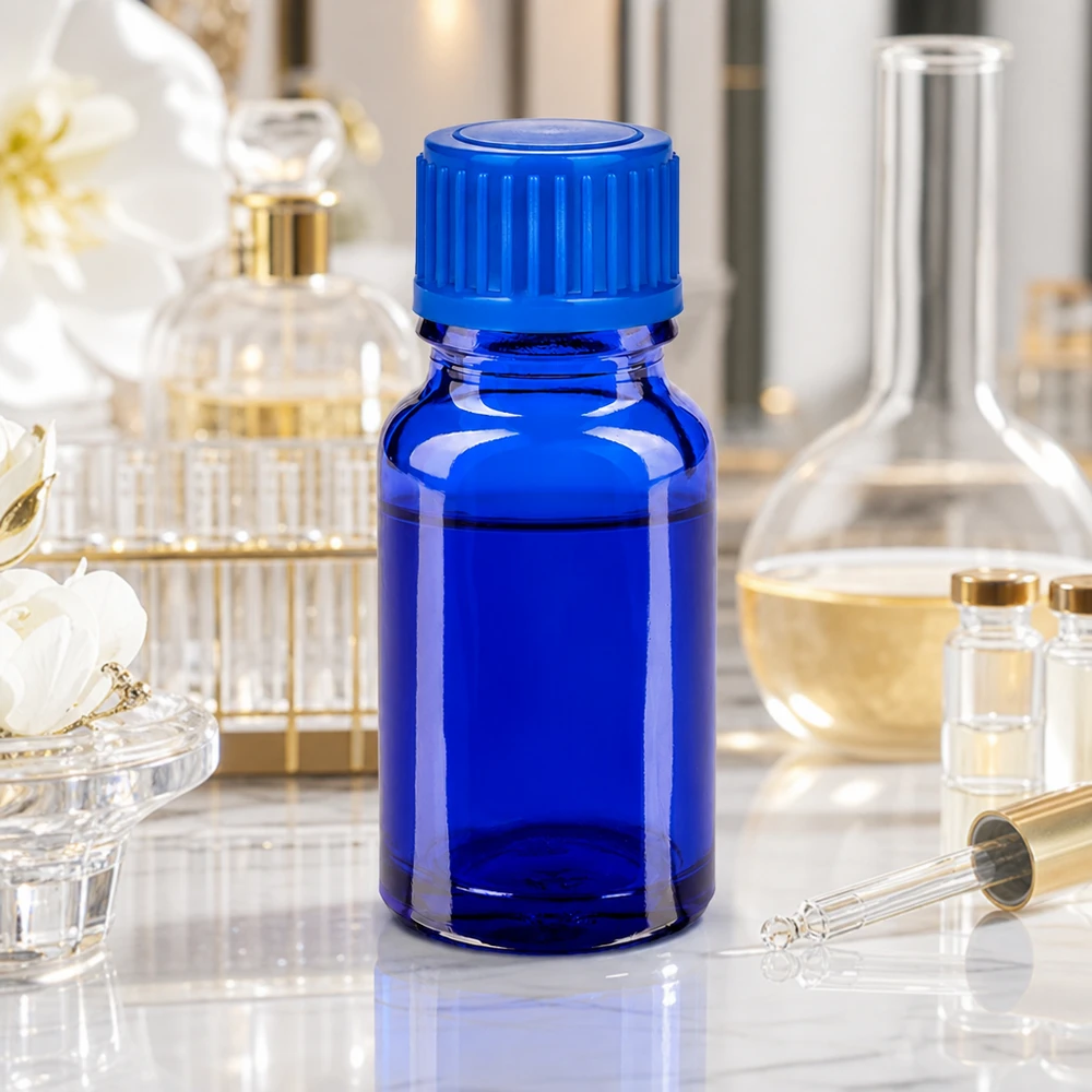 10ml láhev 11mm šroubovací uzávěr modrý standard BlueLine UT18/10 10ml Premium Glasflasche in Kobaltblau mit Schraubdeckel für Pharmazie und Kosmetik