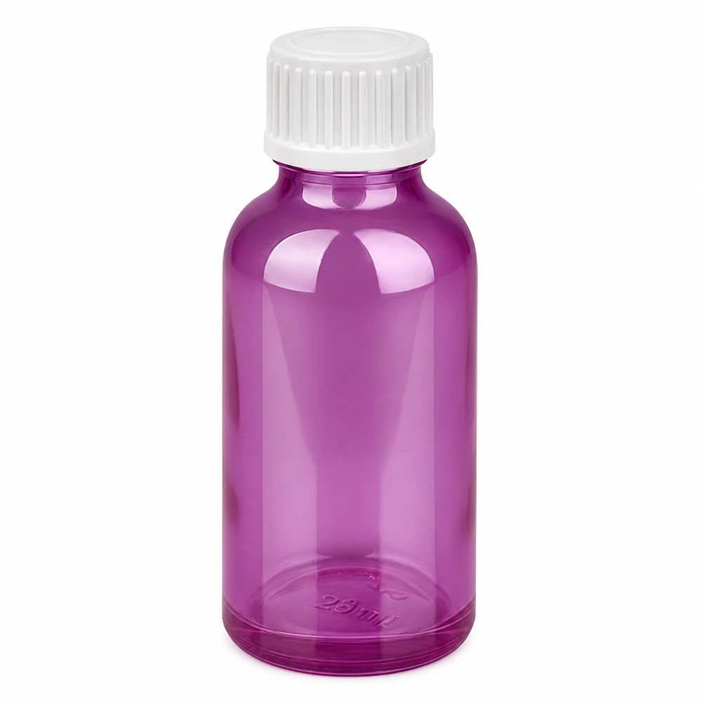 30ml lahvička s kapátkem 0,9 mm bílá standardní PurpleLine. UT18/30 Kompakte violette Tropfflasche 30ml mit weißem Verschluss für genaue Flüssigkeitsdosierung