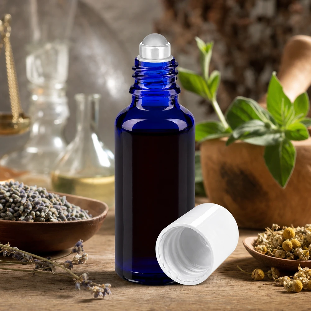 Lékárenská lahvička modrá 30ml roll-on s uzávěrem bílá Blaue Apothekerglasflasche 30ml mit Rollkugel für Parfum und Körperöle auf rustikalem Holzuntergrund