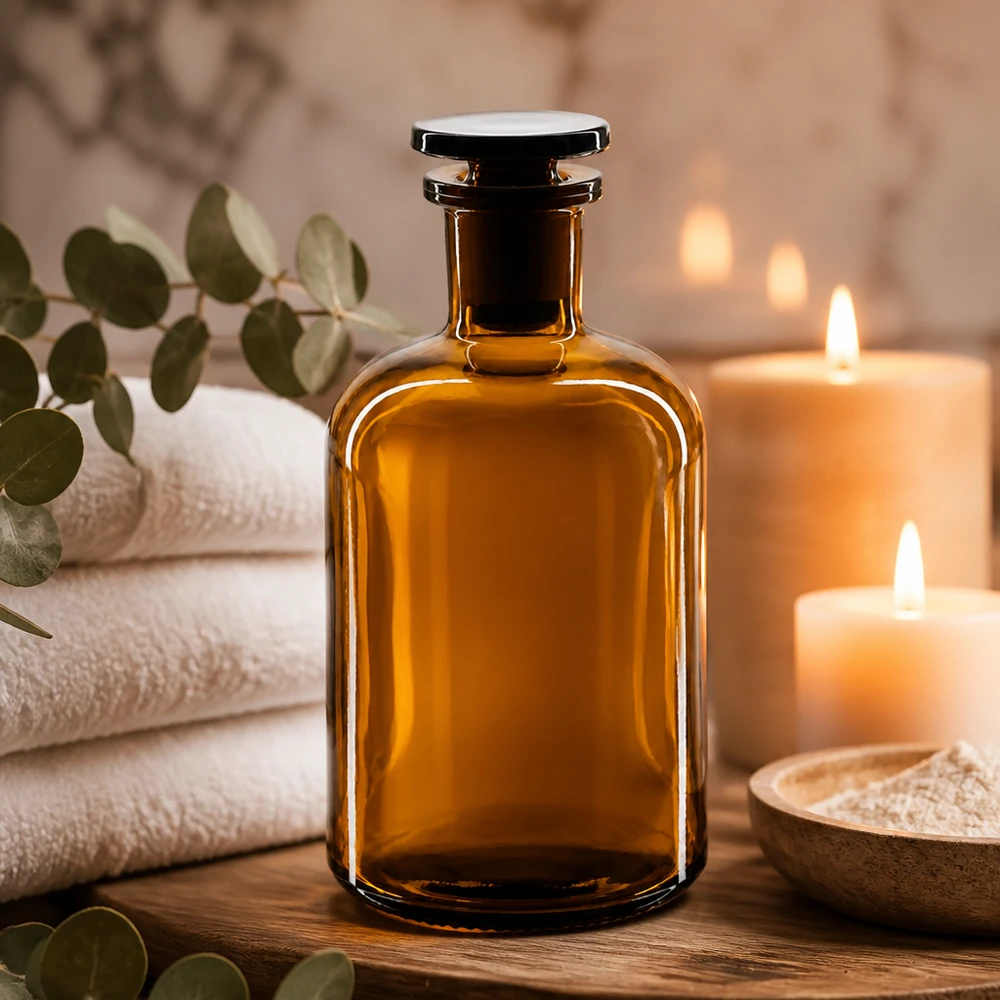 Láhev s kulatým ramenem 250ml hnědá úzké hrdlo skleněná zátka Dekorative Aufbewahrungsflasche 250ml braun Enghals Glasstopfen für Wellness Produkte