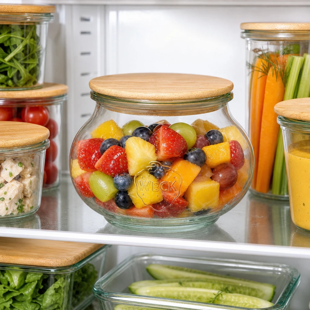 560ml dóza na šperky WECK RR80 s dřevěným víčkem WECK Vorratsglas 560ml RR80 mit Holzdeckel gefüllt mit Obstsalat im Kühlschrank organisierte Lebensmittelaufbewahrung
