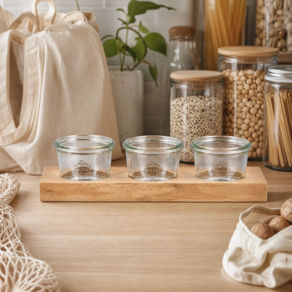 Nachhaltiges Servierbrett Plano3 mit 3 leeren Weck Sturzgläsern 80ml in Zero-Waste Küche mit Vorratsgläsern