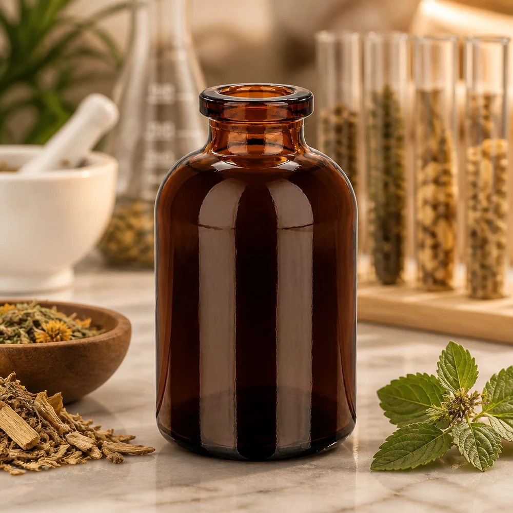 Injekční lahvička z jantarového skla 30ml Injektionsflasche Braunglas 30ml für Kräuterextrakte auf Marmorunterlage mit Mörser im Hintergrund