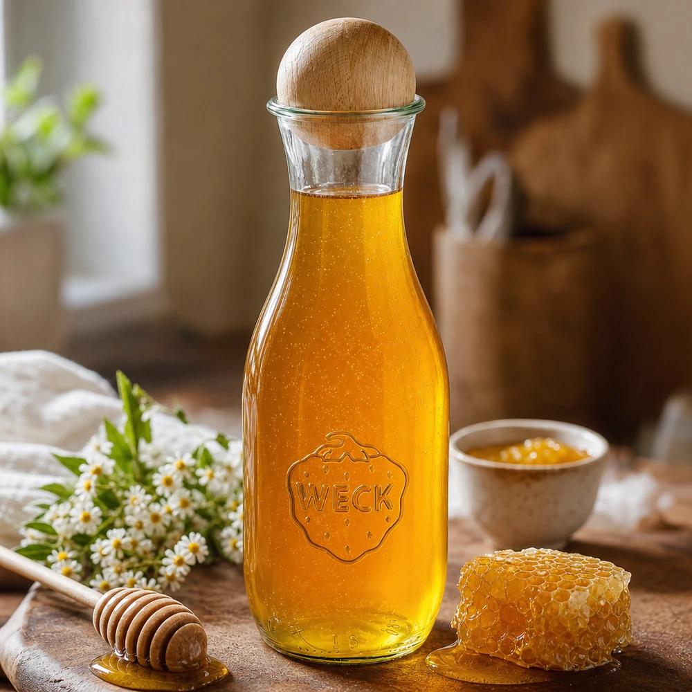 1062ml láhev na džus WECK RR60 s dřevěnou kuličkou buk WECK Saftflasche 1062ml mit Honig gefüllt neben Bienenwabe Holzhoniglöffel und Kamillenblüten auf Holztisch