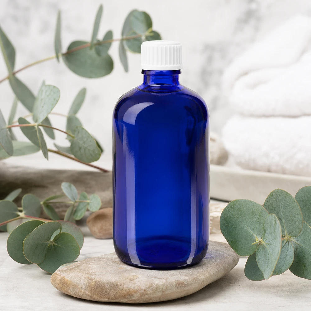 Schlanke kobaltblaue 100ml Glasflasche mit weißem Tropfverschluss für Naturheilkunde