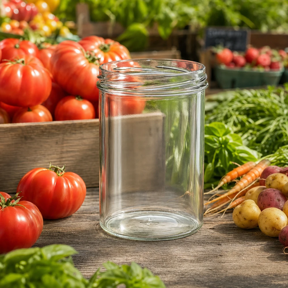 Tumbler o objemu 435 ml bez víčka (TO82) UNiTWIST UNiTWIST Sturz435 Einmachglas 435ml TO82 auf Holztisch mit frischen Tomaten Karotten und Kräutern im Garten