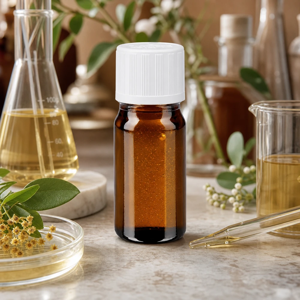 Medizinische Braunglas Miniaturflasche 5ml weißer KiSi Deckel 11mm mit botanischen Elementen