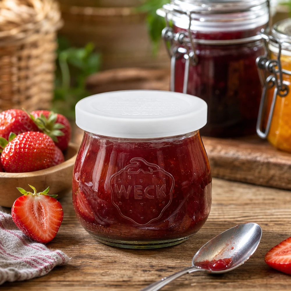 75ml tulipánová dóza s víčkem pro osvěžení WECK RR40 WECK 75ml Tulpenglas mit Erdbeermarmelade gefüllt neben frischen Erdbeeren auf Holztisch RR40 Einmachglas