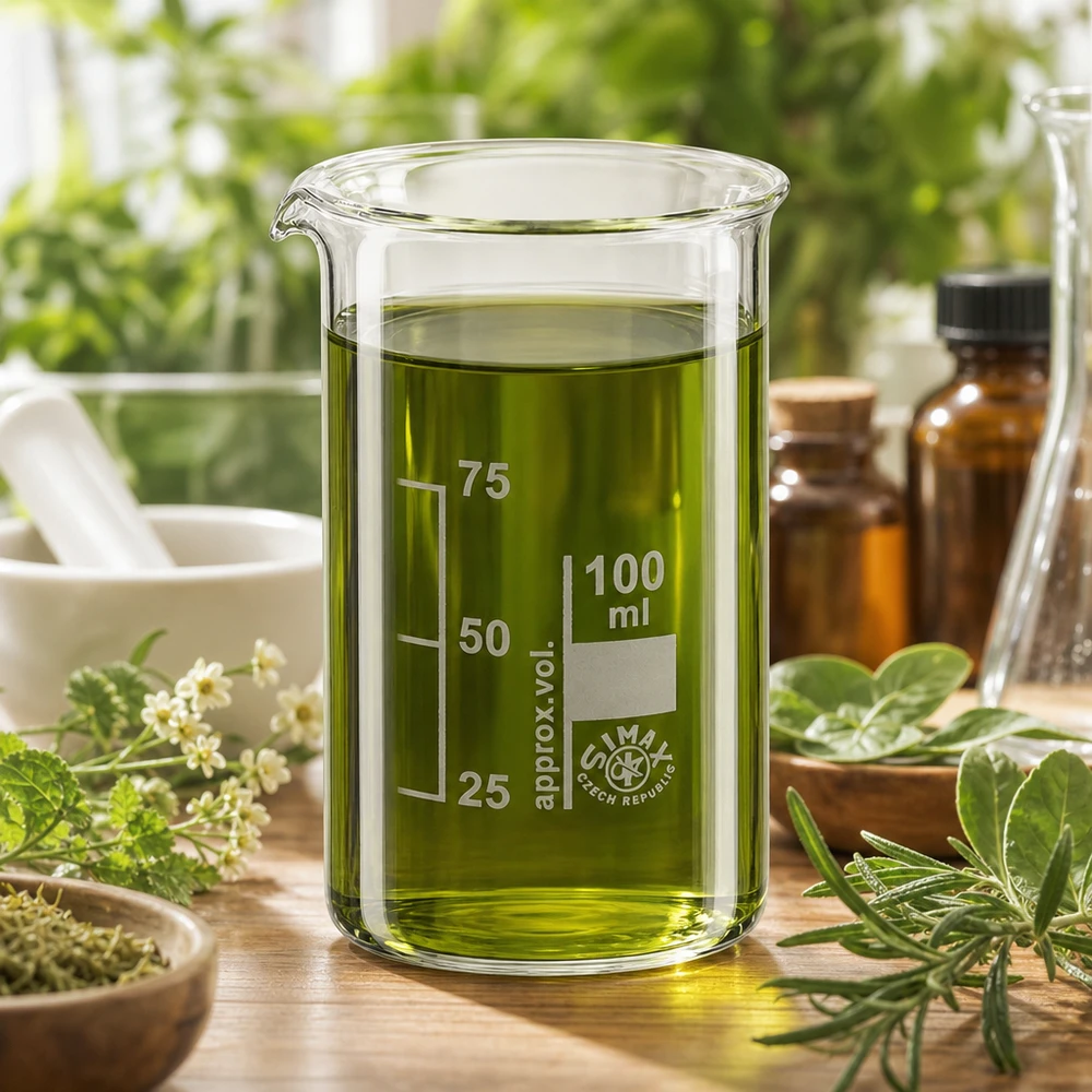 Kádinka z borosilikátového skla o objemu 100 ml, vysoký tvar Borosilikatglas Becherglas 100ml hohe Form mit grüner Lösung für phytopharmazeutische Anwendungen