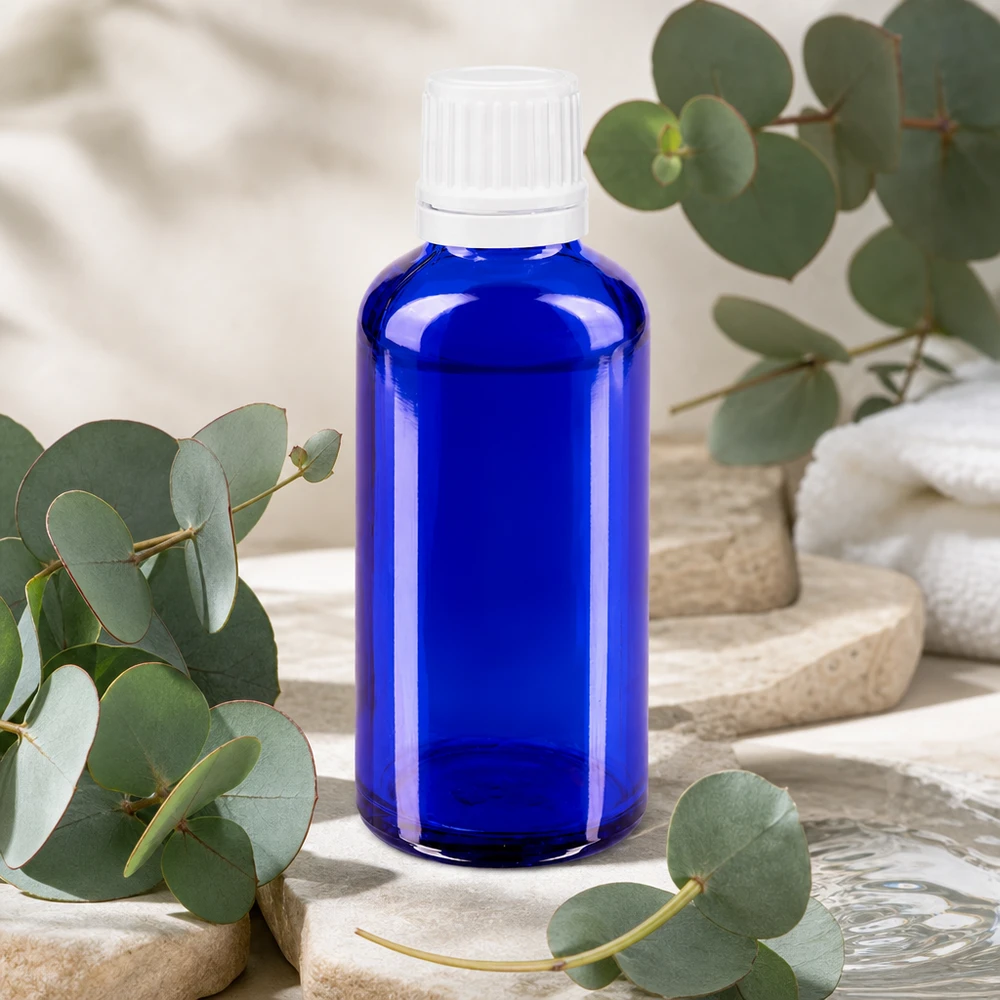 Pharmazeutische 50ml Tropfflasche blau für ätherische Öle Tinkturen und Medizin OV weiß
