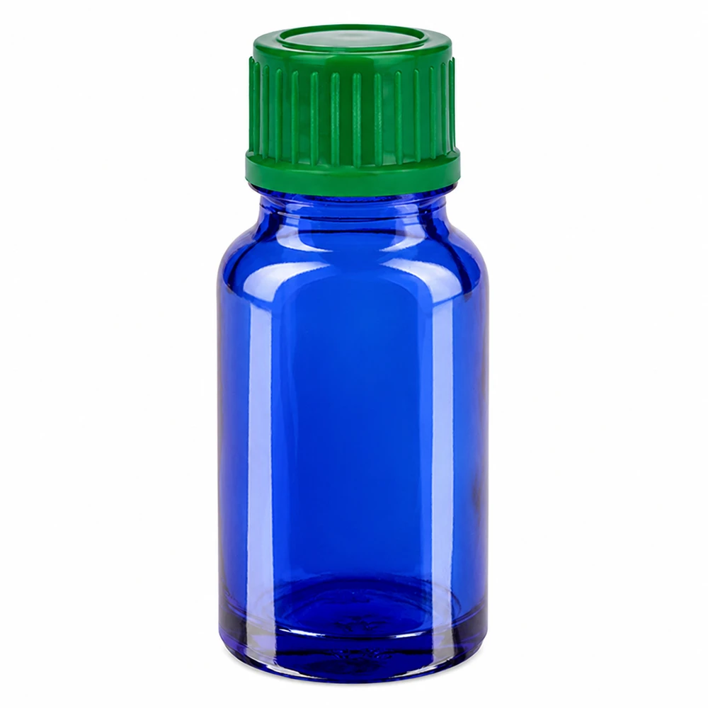 10ml Apothekerflasche blau mit grünem 11mm SV Verschluss STD BlueLine UT18/10