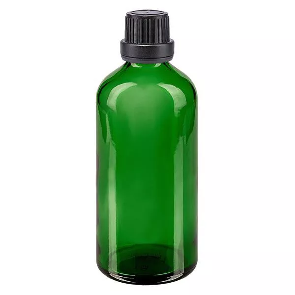 Lékárenská láhev zelená 100ml šroubovací uzávěr černý tamper evidentní uzávěr.