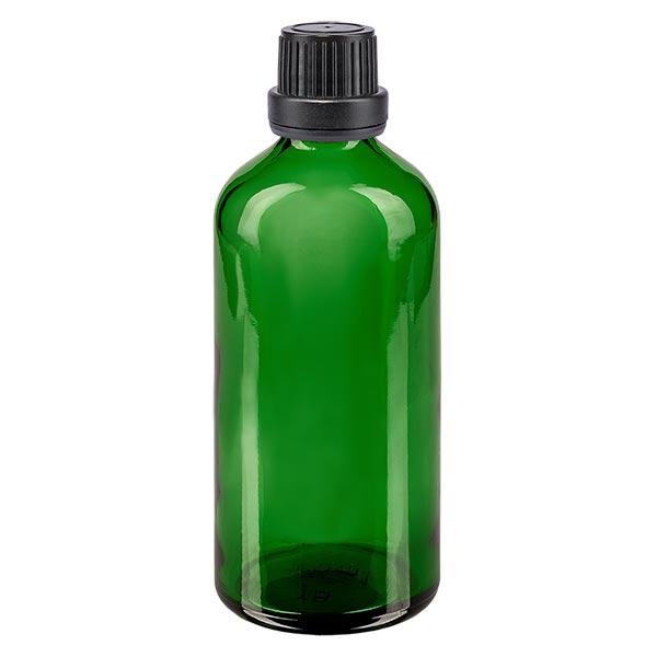 Lékárenská láhev zelená 100ml šroubovací uzávěr černý tamper evidentní uzávěr. Lékárenská láhev zelená 100ml šroubovací uzávěr černý tamper evidentní uzávěr.