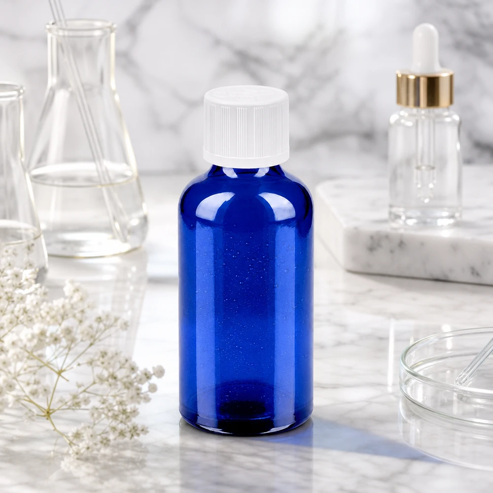 50ml láhev 11mm šroubovací uzávěr bílý standardní odolný proti otevření dětmi BlueLine UT18/50 Medizinische 50ml Glasflasche in Kobaltblau mit STD Verschluss für sichere Lagerung von Wirkstoffen