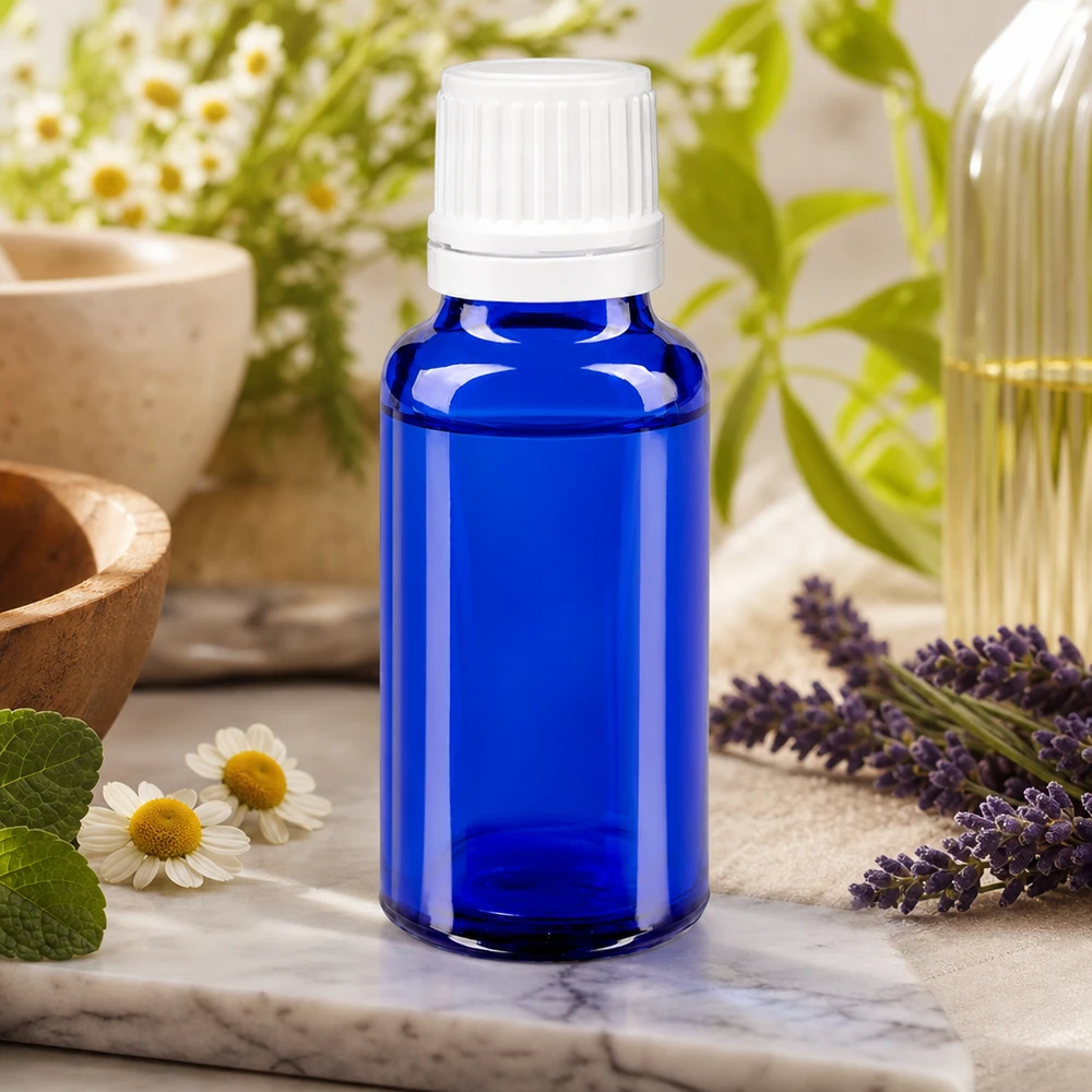 Blaue 20ml Glasflasche mit weißem Tropfsystem auf Marmorunterlage neben Heilpflanzen
