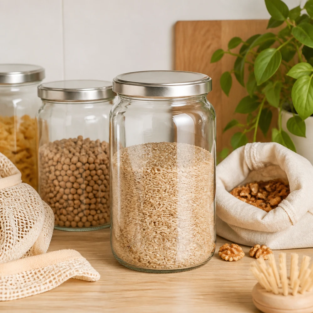 795ml kulatá zavařovací sklenice s víčkem BasicSeal stříbrná UNiTWIST. 795ml Rundglas mit BasicSeal Deckel gefüllt mit Getreide in nachhaltiger Zero-Waste Küche mit Stoffbeuteln