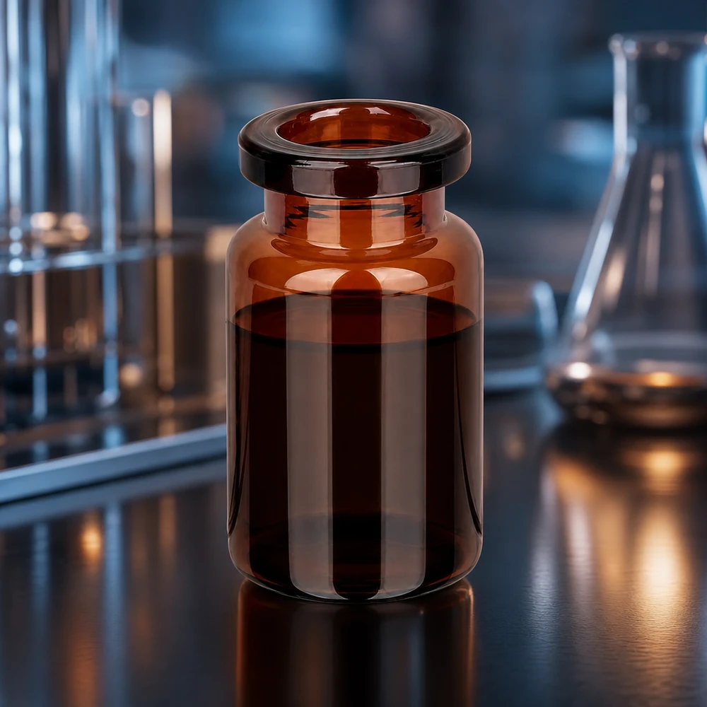 Injekční láhev z jantarového skla 5ml Miniatur Pharmaflasche aus dunkelbraunem Glas 5ml mit geradem Flaschenkörper im Labor