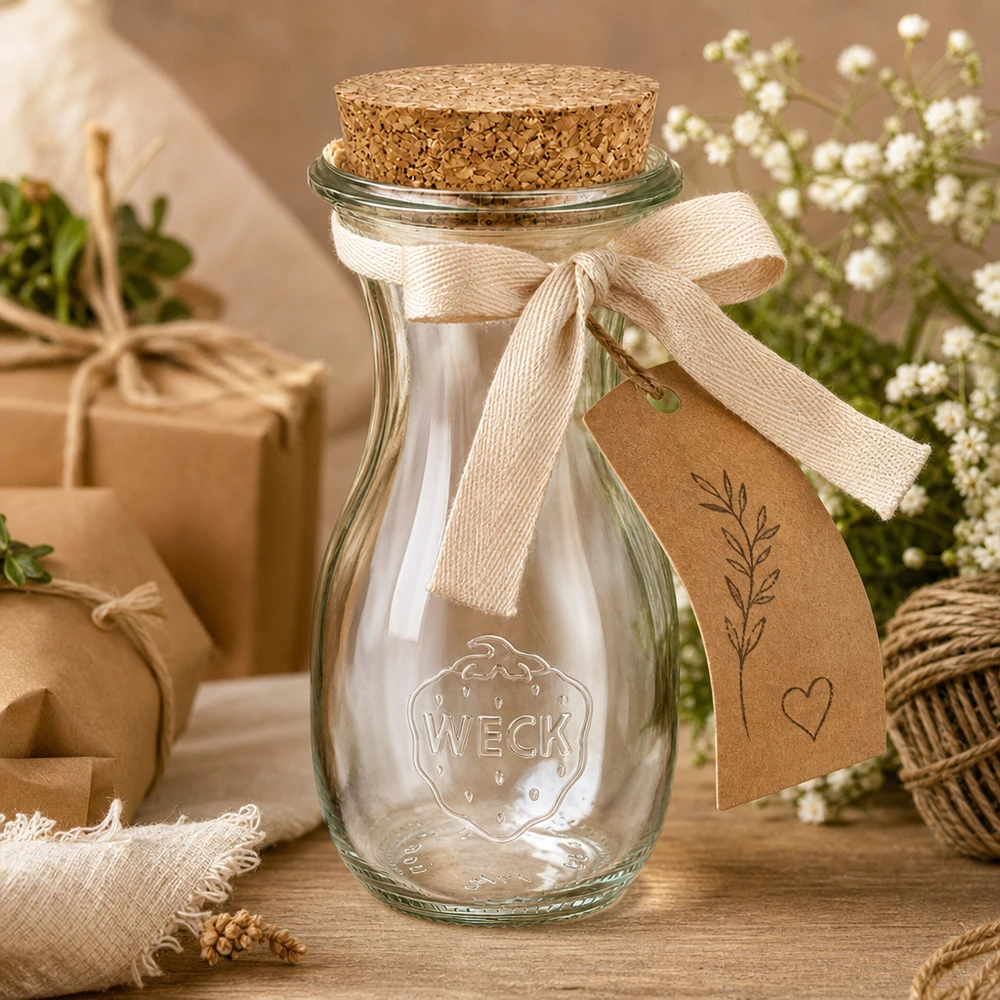 290ml láhev na džus WECK RR60 s korkem přírodní WECK Saftflasche 290ml dekorativ mit Schleife und Geschenkanhänger als Geschenkidee in natürlicher Deko Umgebung