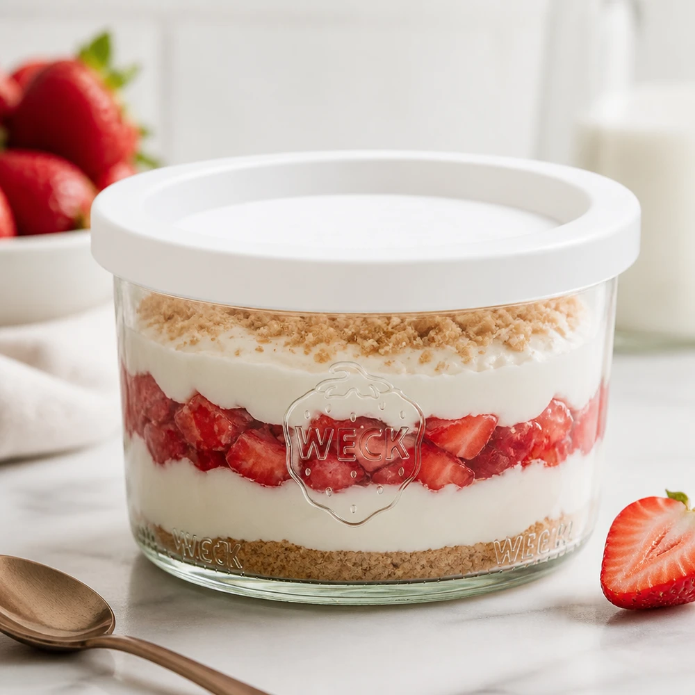 200ml skleněná nádoba s víčkem WECK RR80 WECK Sturzglas 200ml RR80 mit Erdbeerdessert und weißem Deckel für Nachspeisen und Desserts im Glas