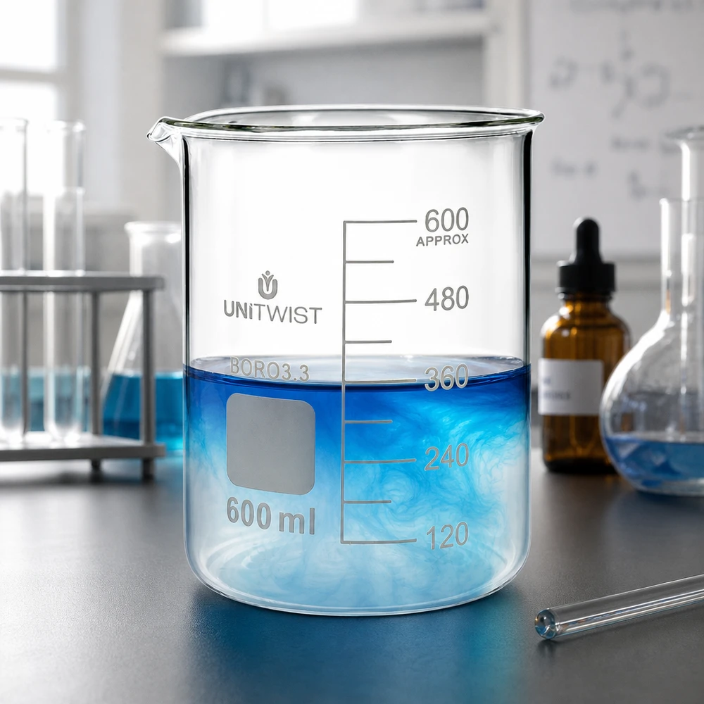 Kádinka 600 ml borosilikátová, nízká forma UNiTWIST UNiTWIST Messbecherglas 600ml niedrige Form mit Glasstab und Tropfflasche im Labor