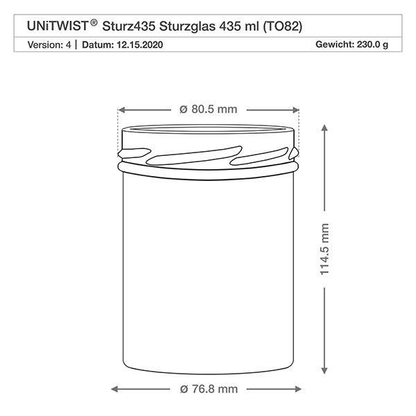 Tumbler o objemu 435 ml bez víčka (TO82) UNiTWIST Technische Zeichnung UNiTWIST Sturz435 Einmachglas 435ml mit Maßangaben Durchmesser 80,5mm Höhe 114,5mm TO82