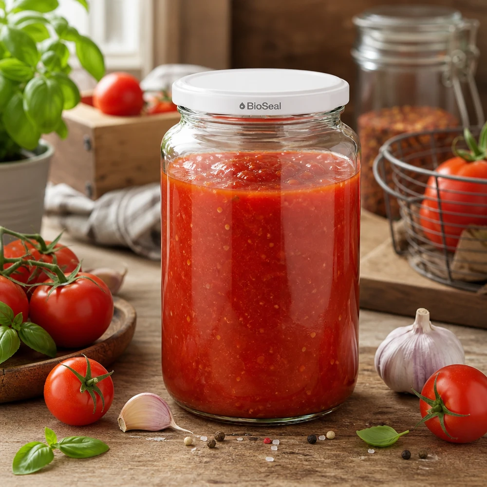 UNiTWIST Runda382 s bílým víčkem TO66 BioSeal UNiTWIST Runda382 mit hausgemachter Tomatensauce - frische Pasta-Sauce im BioSeal Einmachglas für Küchen-Vorrat