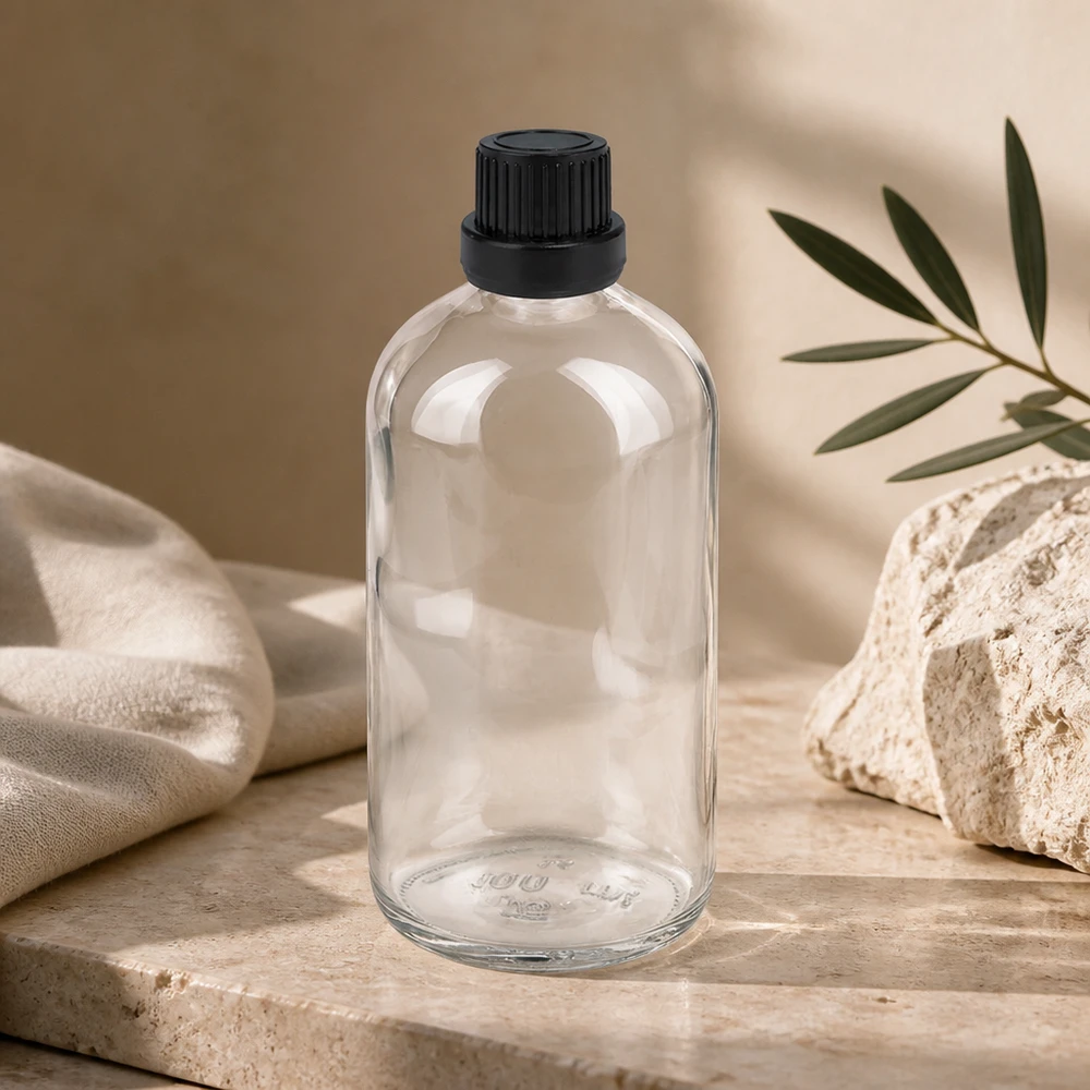 100ml lahvička s kapátkem 2mm černá tamper-evidentní uzávěr ClearLine UT18/100 100ml Rundflasche Klarglas schwarzer Tropfverschluss 2mm Öffnung für Öle und Tinkturen ClearLine
