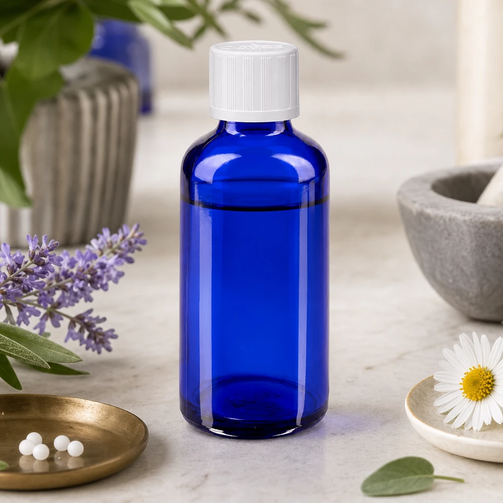 50ml blaues Apothekerglas mit Standardverschluss 11mm auf Marmor mit Kamille und Salbei