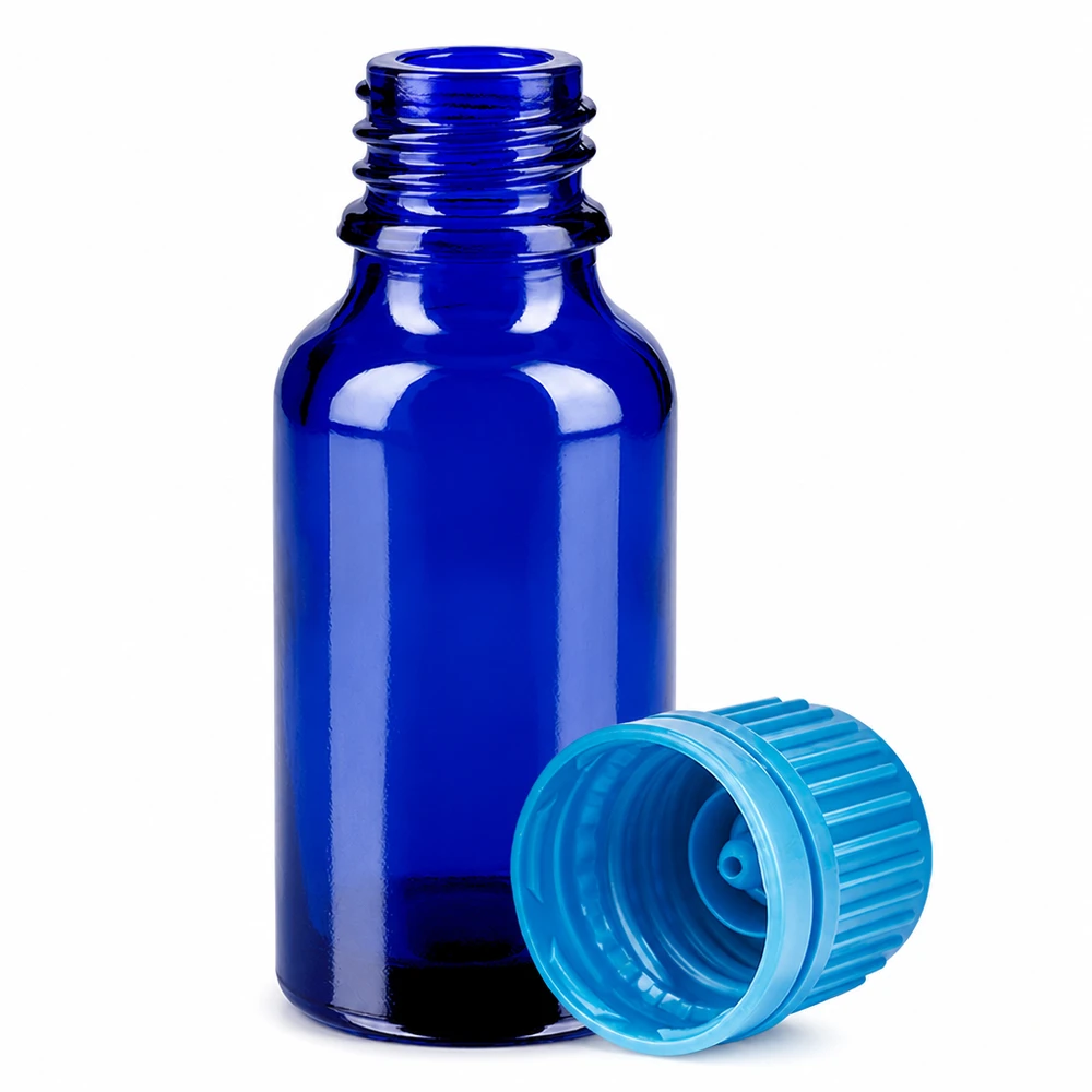 Handliche 20ml Glasflasche in Blau mit auslaufsicherem Verschluss für unterwegs