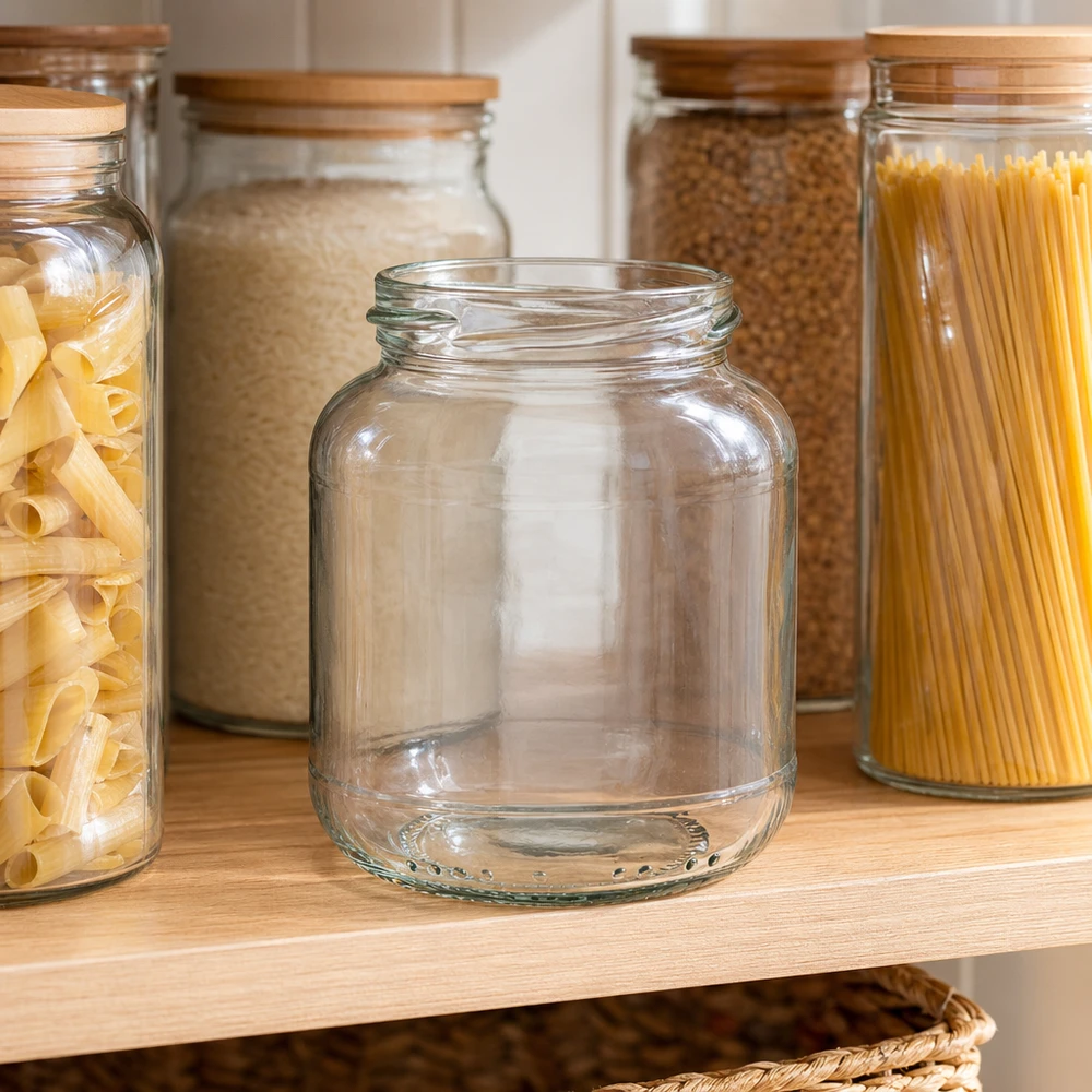 Oválná sklenice bez víčka o objemu 370 ml (TO66) UNiTWIST UNiTWIST Oval370 Einmachglas 370ml leer auf Holzregal zwischen gefüllten Vorratsgläsern mit Pasta und Getreide