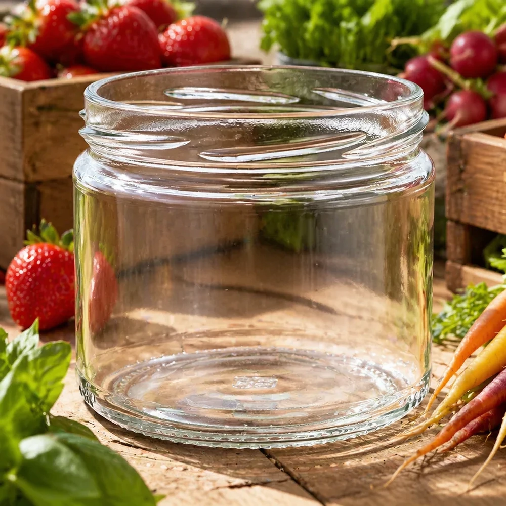 Kulatá sklenice o objemu 330 ml bez víčka (TO82) UNiTWIST UNiTWIST Runda330 Rundglas 330ml TO82 leer auf Holzbrett mit frischem Gemüse Erdbeeren Karotten Radieschen arrangiert