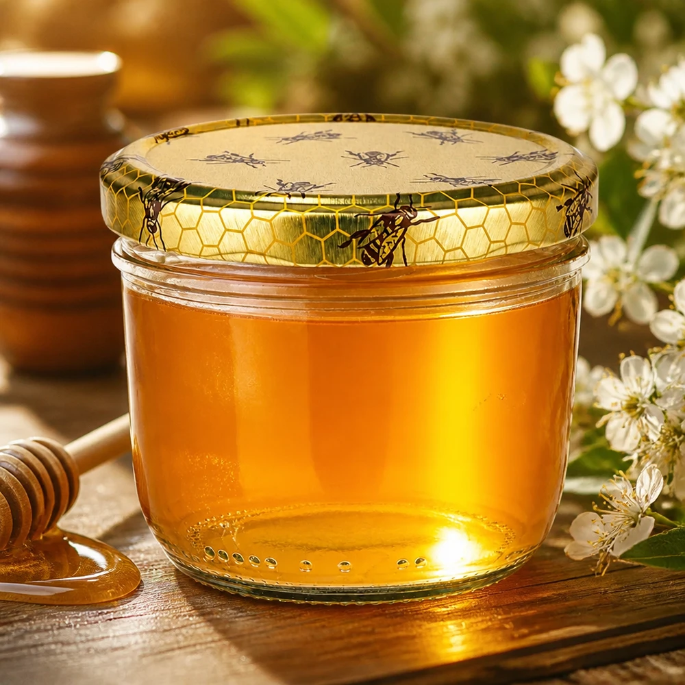 Sturzglas 230ml mit Bienenwaben-Deckel voller goldener Honig neben Honiglöffel und weißen Blüten auf Holztisch