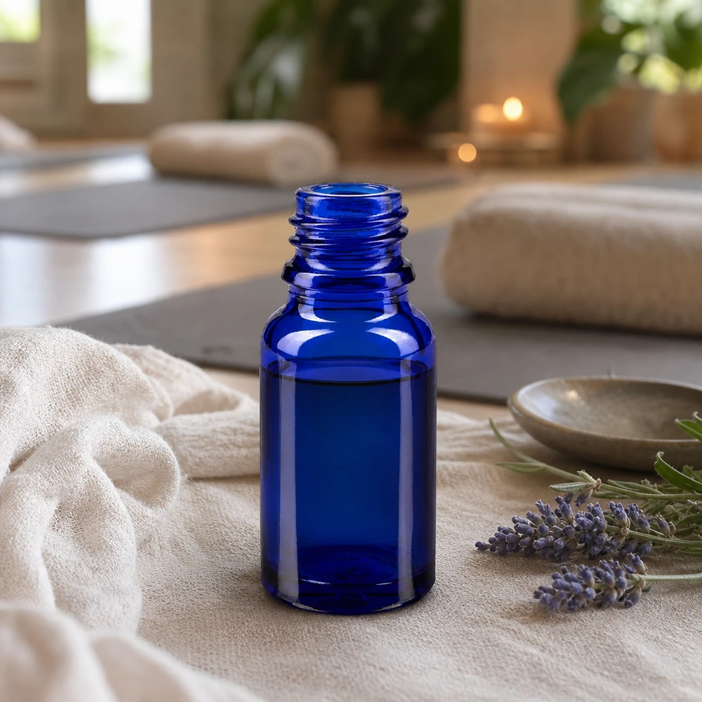 Kapací lahvička 10 ml DIN 18 MODRÉ SKLO Vielseitige blaue Glasflasche 10ml ApoGlas für Wellness Produkte und natürliche Heilmittel