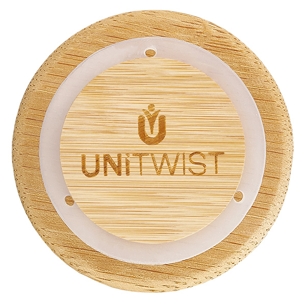 Dřevěné víko (buk) bez potisku pro WECK RR40 Holzdeckel WECK RR40 Version A von oben mit UNITWIST Logo Gravur und Eichenholz Struktur natürliche Maserung