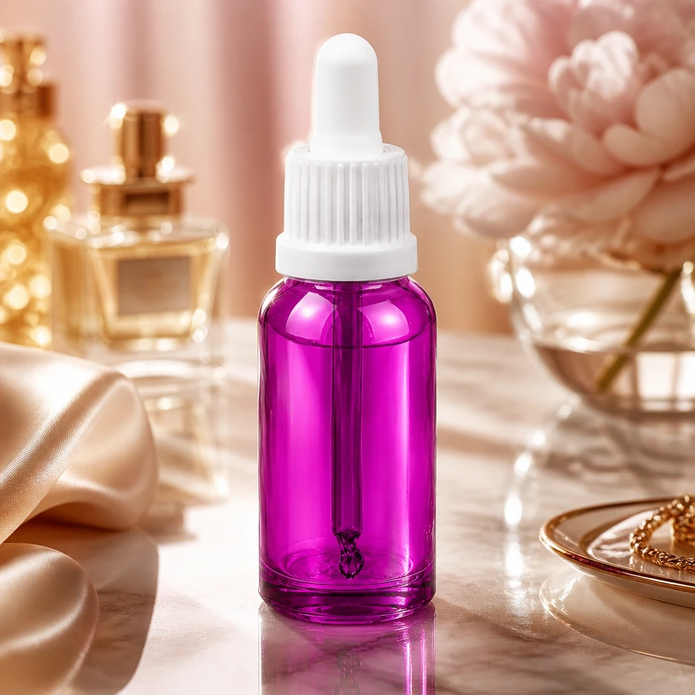 Kompakte 20ml Pipettenflasche in Purple mit weißem Verschluss für flüssige Wirkstoffe