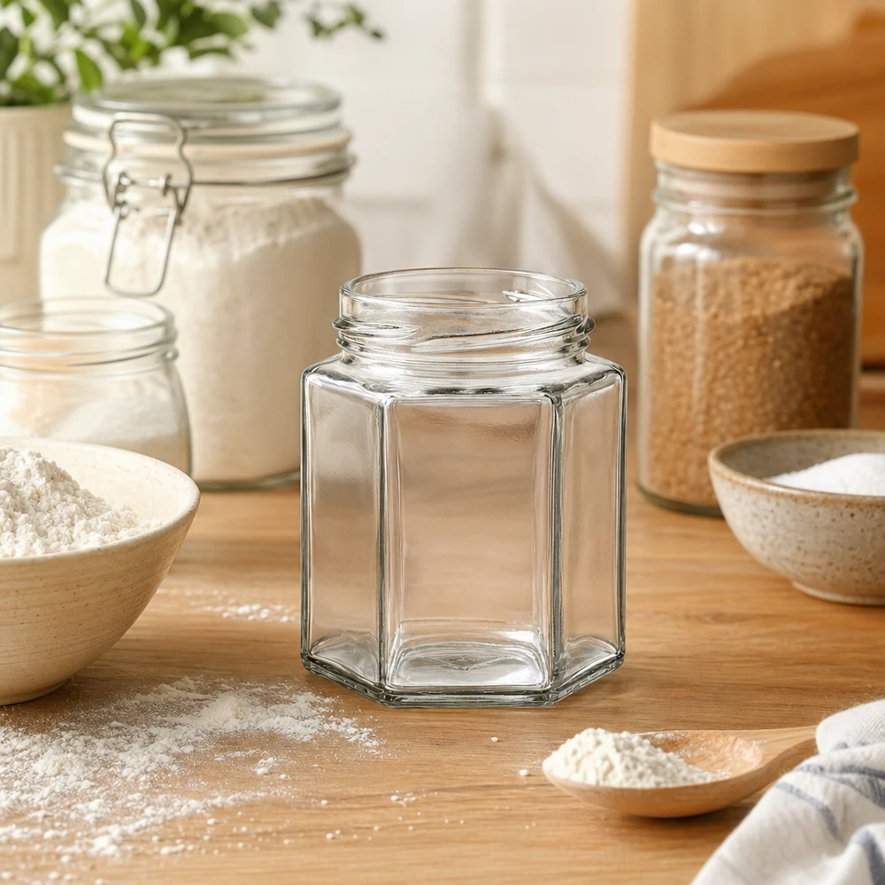 Šestihranná sklenice o objemu 196 ml bez víčka (TO58) UNiTWIST UNiTWIST Hexa196 sechseckiges Glas 196ml TO53 Gewinde leer auf Holztisch in moderner Küche mit Vorratsgläsern