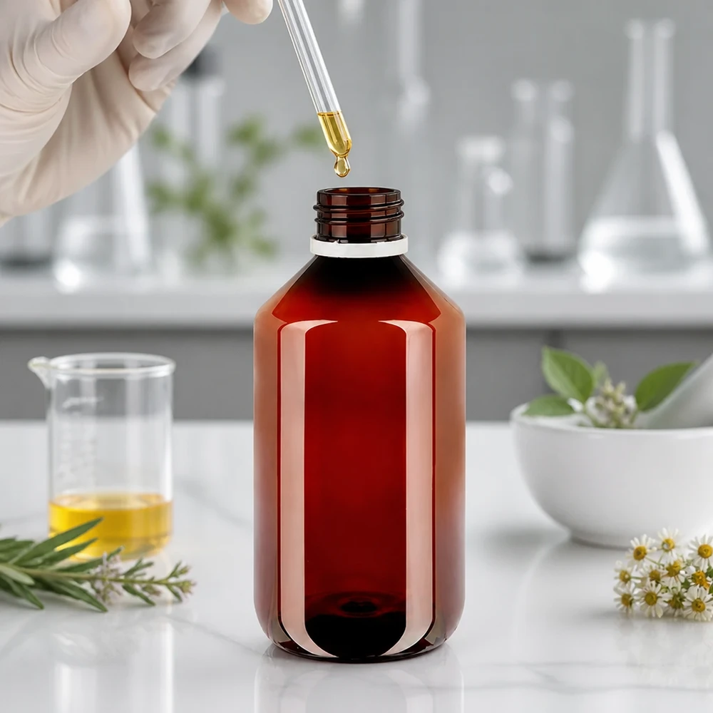 PET láhev 500ml s bílým rýhovaným uzávěrem s možností manipulace. Hnědá PET láhev o objemu 500 ml s rýhovaným bílým uzávěrem typu OV v laboratoři