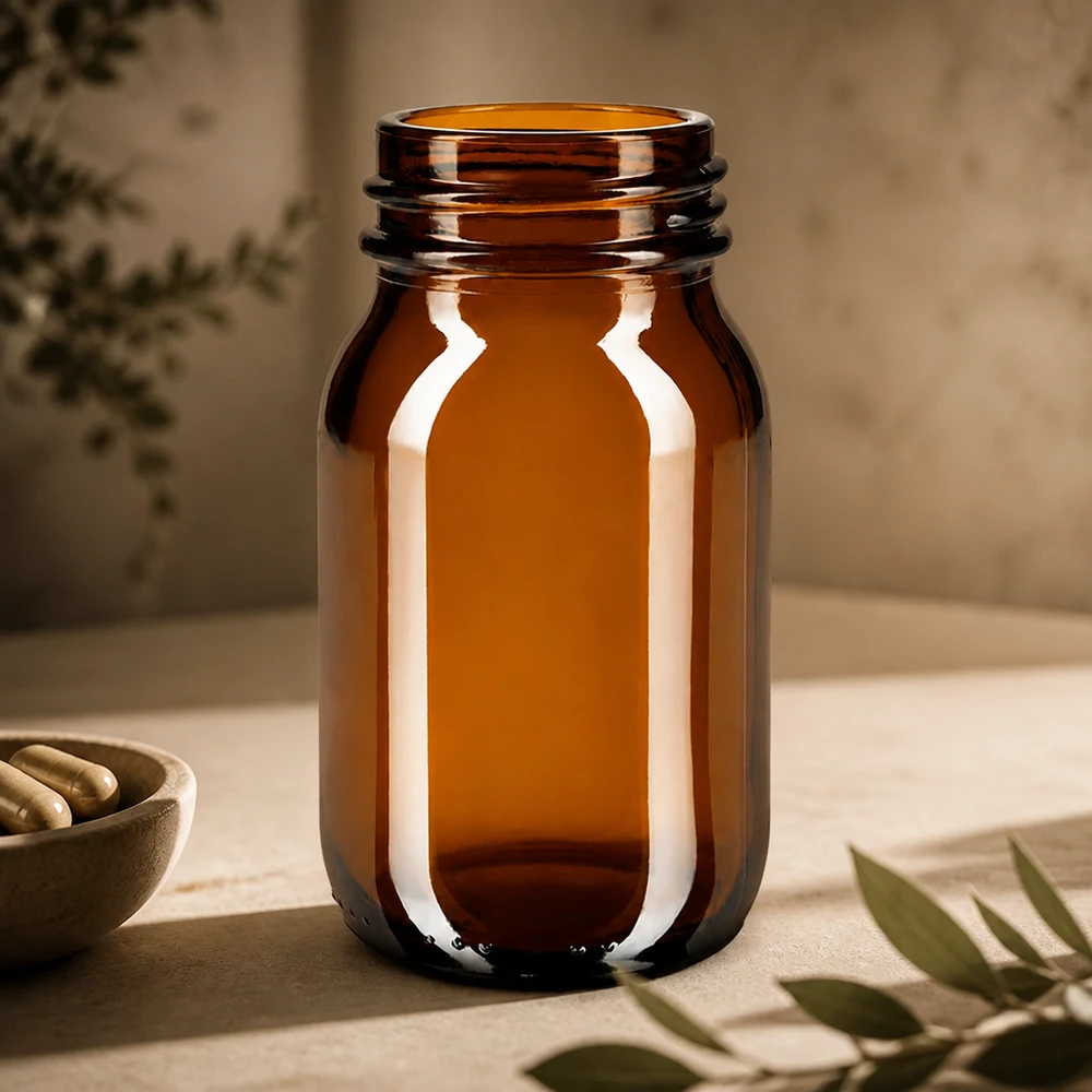 100ml láhev se širokým hrdlem jantarové sklo se šroubovacím uzávěrem Stilvolle 100ml Apothekenflasche in Bernsteinfarben für hochwertige Produktpräsentation