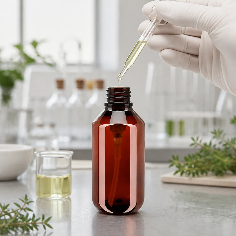 PET láhev 100ml s dávkovací pumpičkou černá Jantarově zbarvená PET láhev o objemu 100 ml s černým dávkovacím pumpičkem v moderní laboratoři