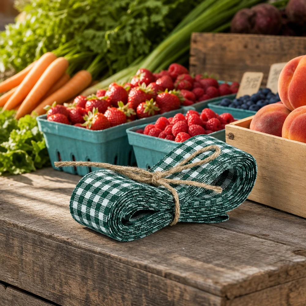 Grün-weißes Stoffband 300cm auf Holztisch mit frischen Beeren Karotten und Pfirsichen für Marktstand-Deko