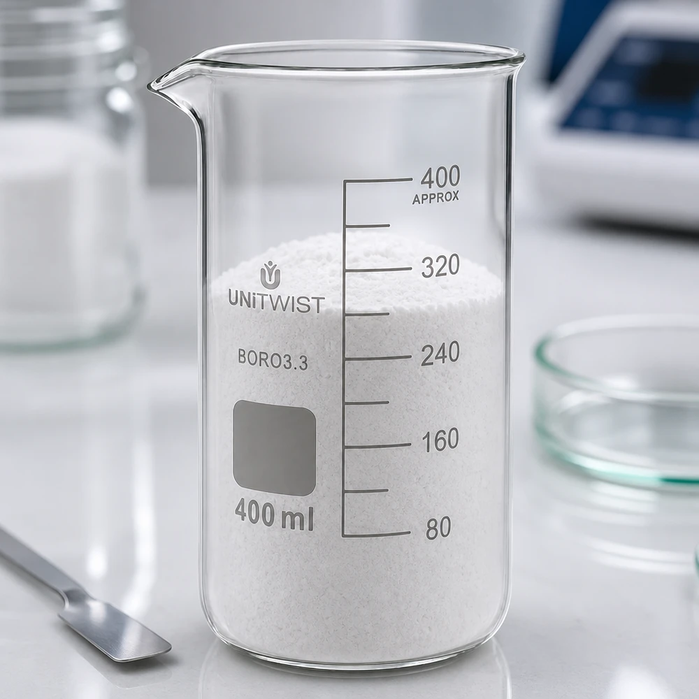 Kádinka 400 ml borosilikátová, vysoká forma UNiTWIST 400ml Becherglas hohe Form Borosilikatglas 3.3 mit Pulver auf professionellem Laborarbeitsplatz
