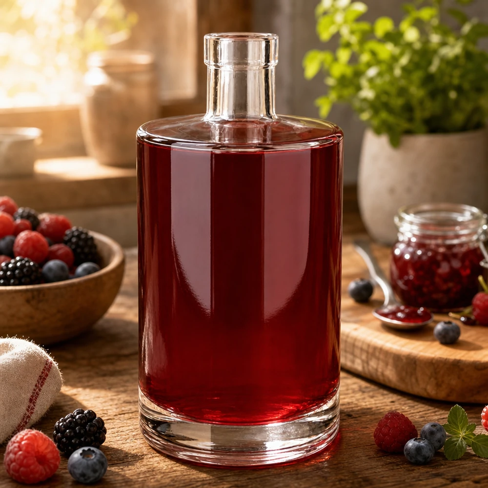 700ml Glasflasche "Galileo" ohne Verschluss UNiTWIST® 700ml Glasflasche Marie mit rötlichem Beerensaft befüllt umgeben von frischen Beeren auf rustikalem Holztisch