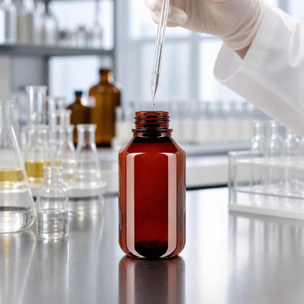 Pipeta kapá tekutinu do otevřené hnědé 100ml PET láhve na laboratorním stole