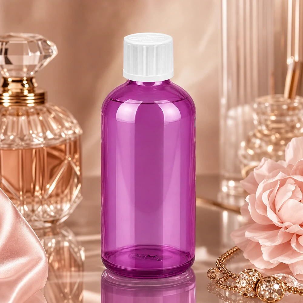 Robuste Glasflasche 100ml in Purple mit auslaufsicherem 1.2mm Tropfsystem für den täglichen Gebrauch