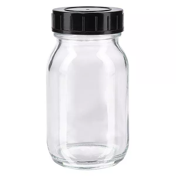 100ml láhev se širokým hrdlem z čirého skla se šroubovacím uzávěrem.