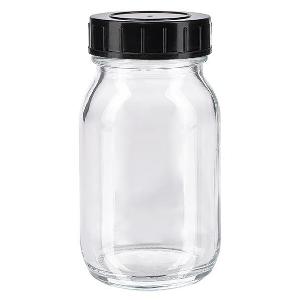 100ml láhev se širokým hrdlem z čirého skla se šroubovacím uzávěrem. 100ml láhev se širokým hrdlem z čirého skla se šroubovacím uzávěrem.