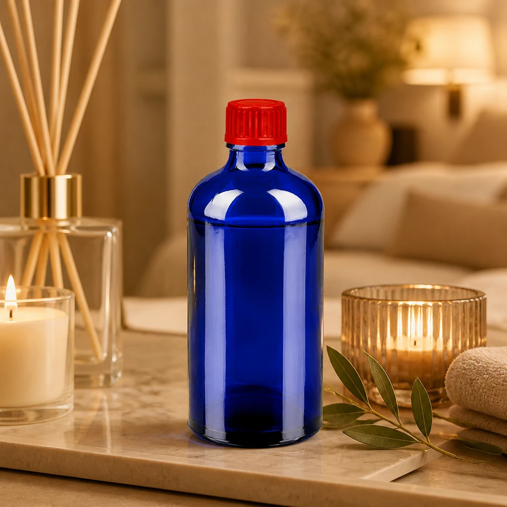 100ml lahvička 11mm šroubovací uzávěr červená Standard BlueLine UT18/100 Robuste 100ml Apothekerflasche aus dickem Glas mit auslaufsicherem roten Schraubdeckel