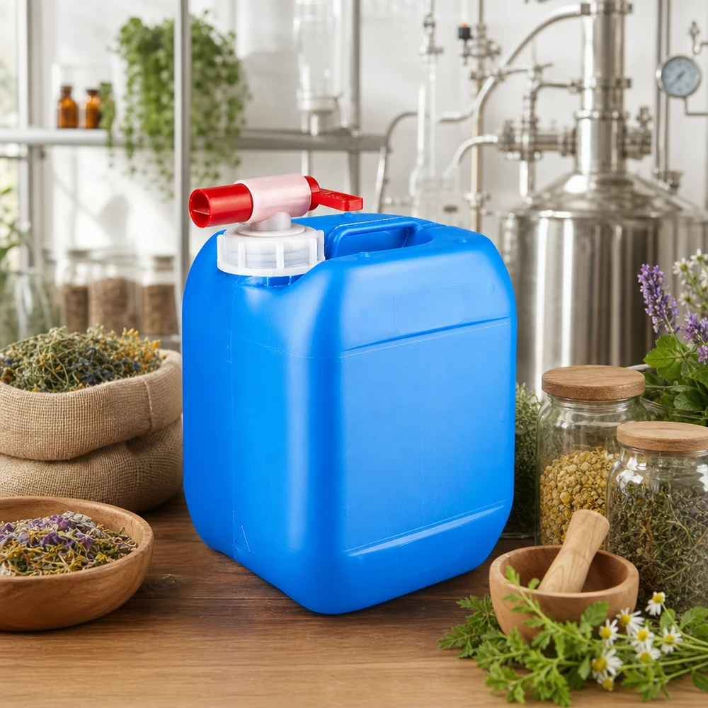 Kanystr 5 litrů modrý s vypouštěcím kohoutem HDPE Kanister 5 Liter blau mit Griff und rotem Ablasshahn für Naturextrakte und Pflanzenwässer